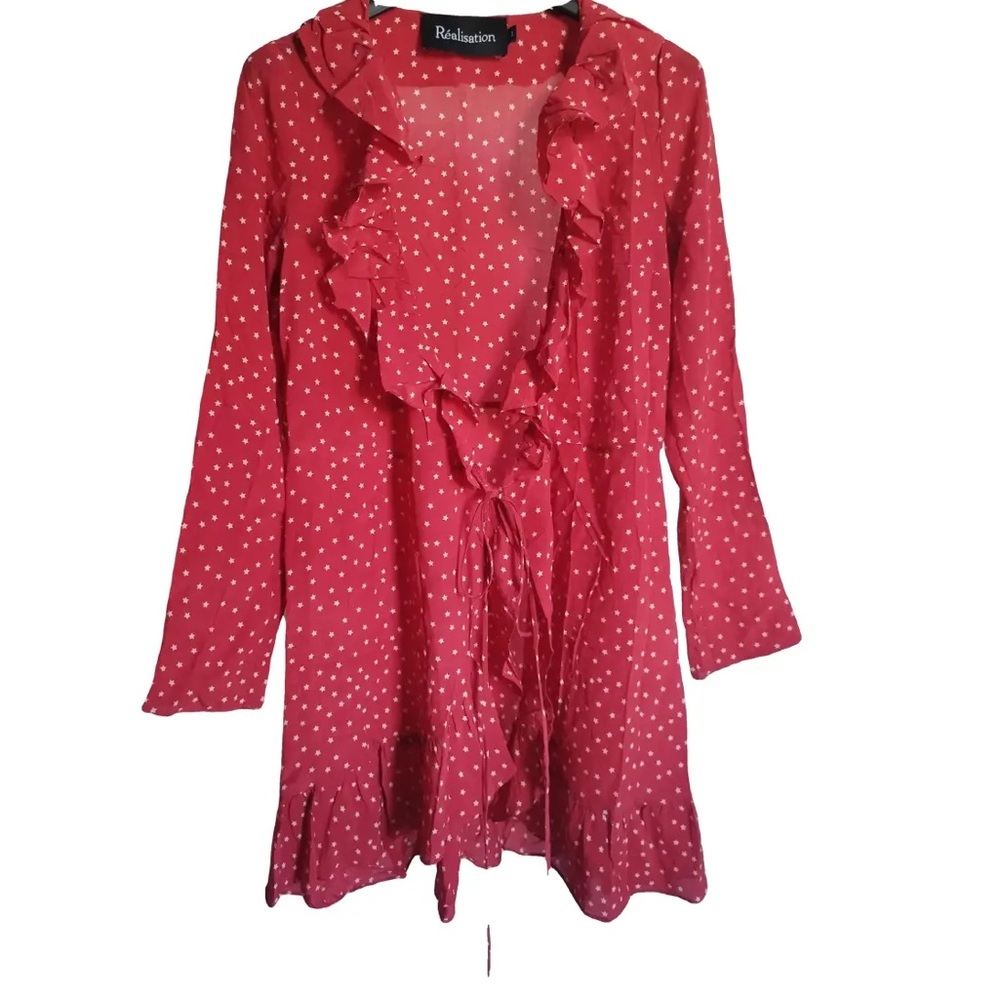 Réalisation Par Red Silk Wrap Ruffle Mini Dress - Size XL